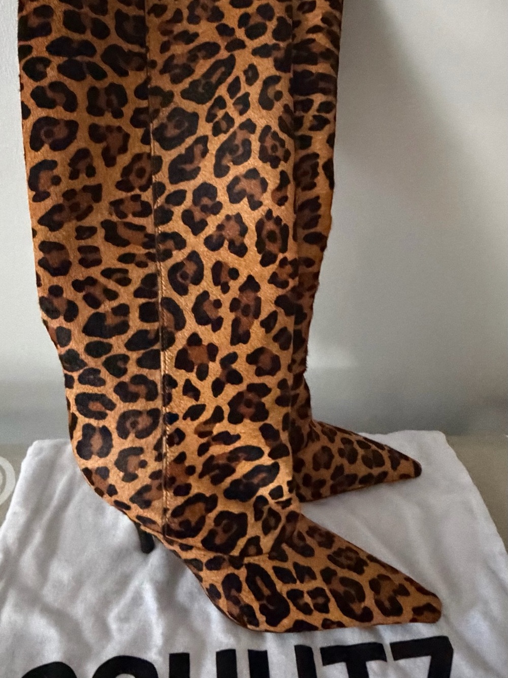 SCHUTZ Leopard Print Knee-High Pointed Toe Boots - Brown & Black